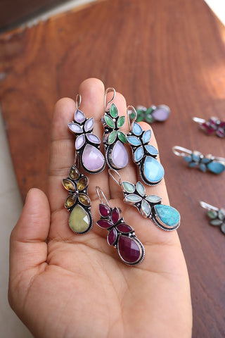 Small oxidised dual tone jhumkis with multicoloured stones – OOAK jewels